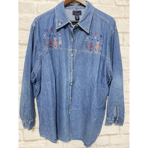 CST Blues Denim Shirt Womens Embroidered Patriotic Stars USA Cats Plus Size 20 - Picture 1 of 4